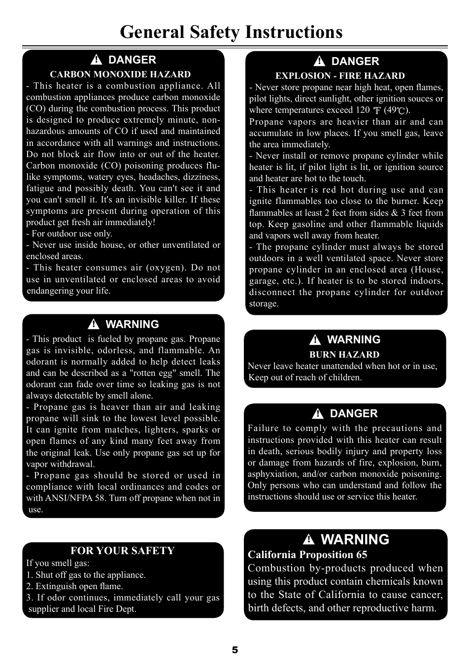 General safety instructions, Warning | Sure Heat SF87PHLP Patio Heater User Manual | Page 5 / 21