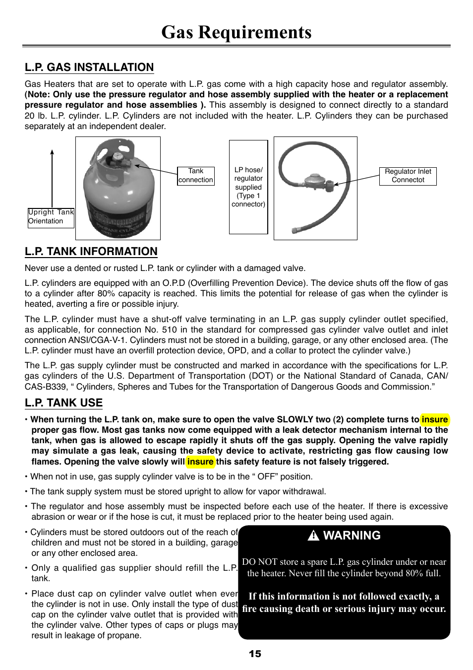 Gas requirements, Warning, L.p. gas installation | L.p. tank information, L.p. tank use | Sure Heat FS87PHLP Patio Heater User Manual | Page 15 / 21