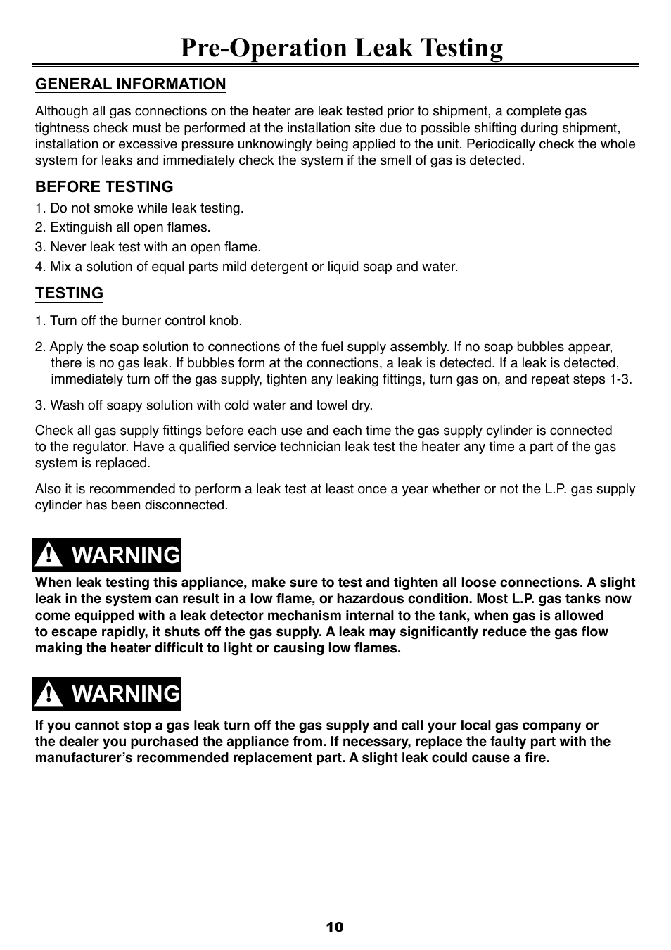 Pre-operation leak testing, Warning | Sure Heat T35PHLP Patio Heater User Manual | Page 10 / 15