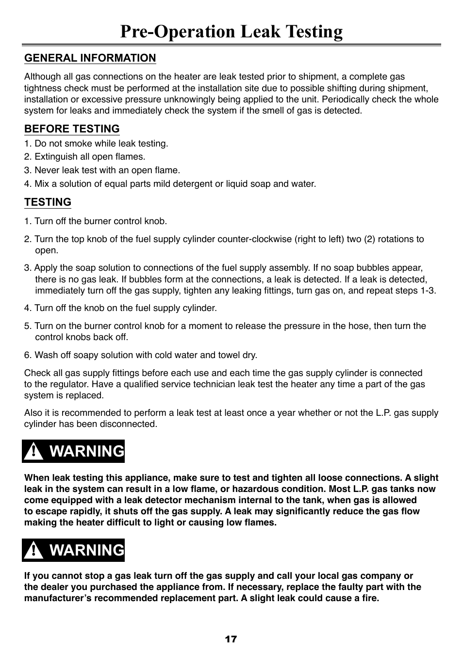 Pre-operation leak testing, Warning | Sure Heat T87PHLP Patio Heater User Manual | Page 17 / 22