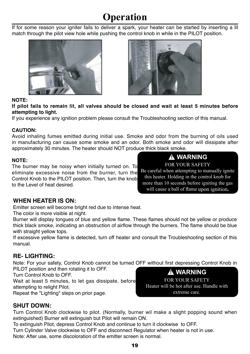 Operation, Warning | Sure Heat T87PHLP Patio Heater User Manual | Page 19 / 22