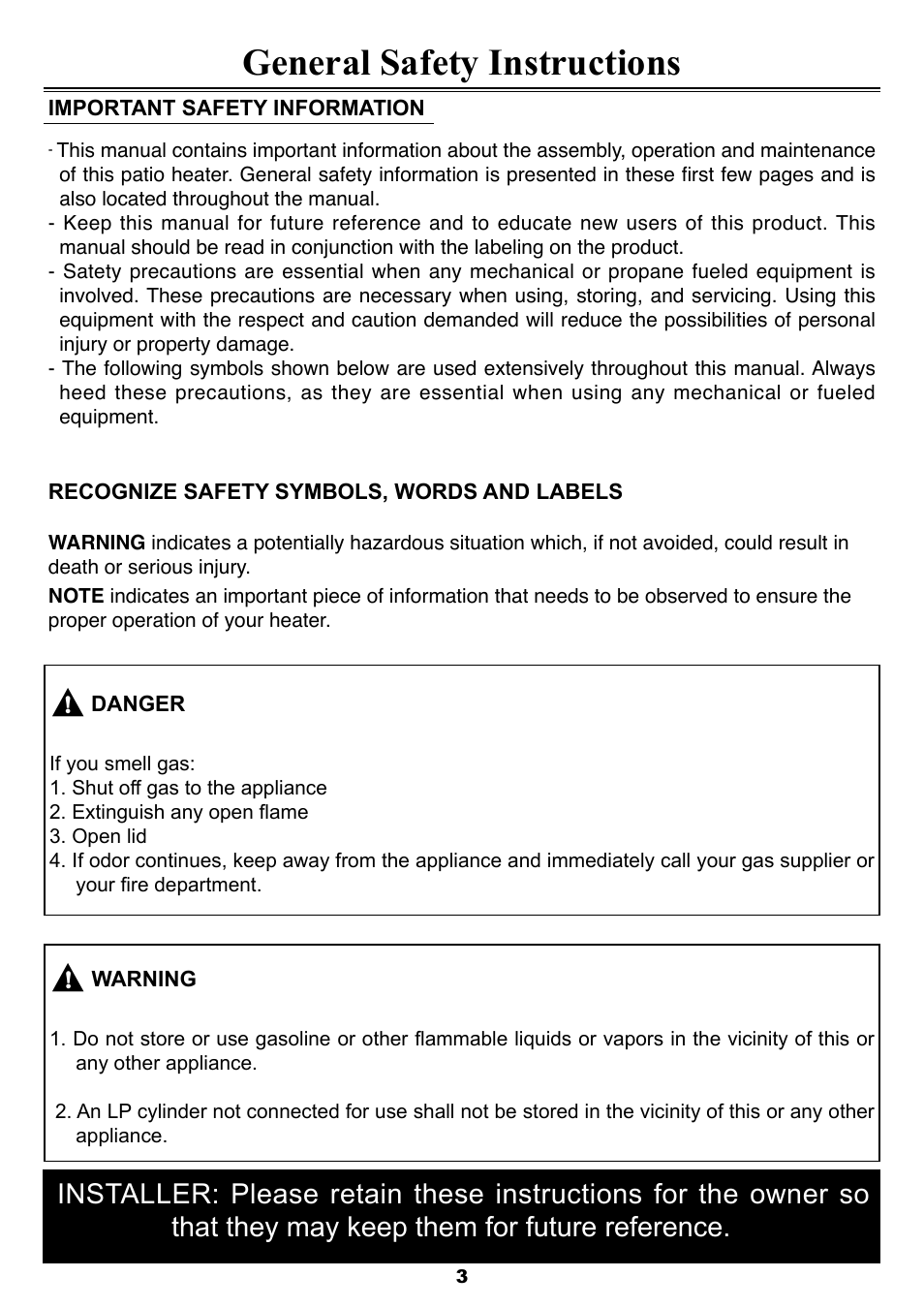 General safety instructions | Sure Heat FM35PHLP Patio Heater User Manual | Page 3 / 15