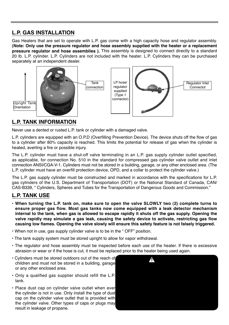 Gas requirements, Warning, L.p. gas installation | L.p. tank information, L.p. tank use | Sure Heat FM87PHLP Patio Heater User Manual | Page 16 / 22