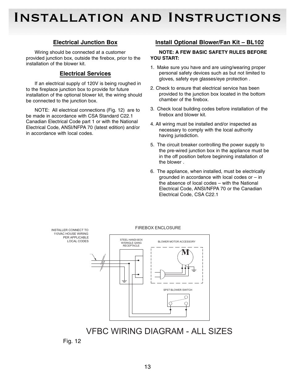 Installation and instructions, Vfbc wiring diagram - all sizes | Sure Heat VFBC Firebox User Manual | Page 13 / 16