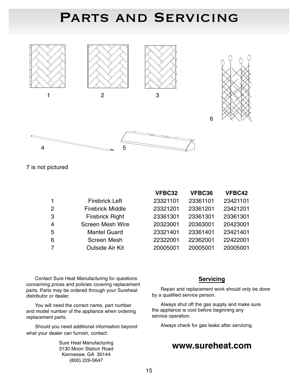 Parts and servicing | Sure Heat VFBC Firebox User Manual | Page 15 / 16