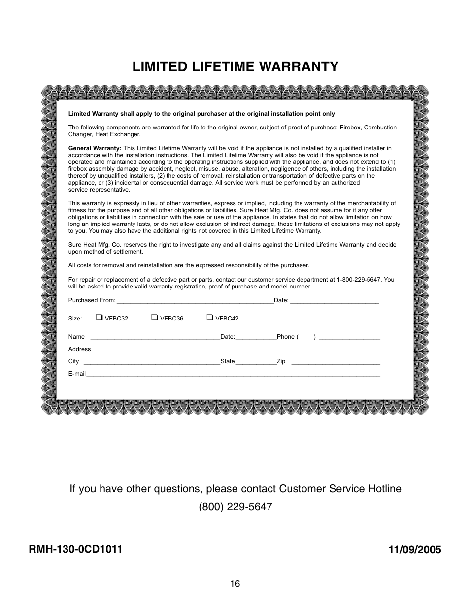 Limited lifetime warranty | Sure Heat VFBC Firebox User Manual | Page 16 / 16