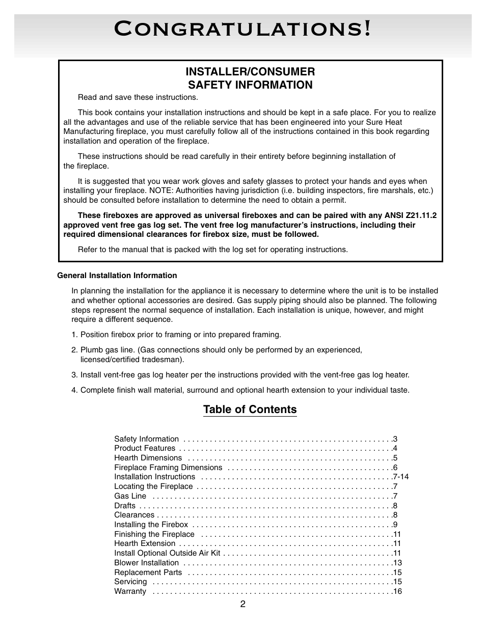Sure Heat VFBC Firebox User Manual | Page 2 / 16