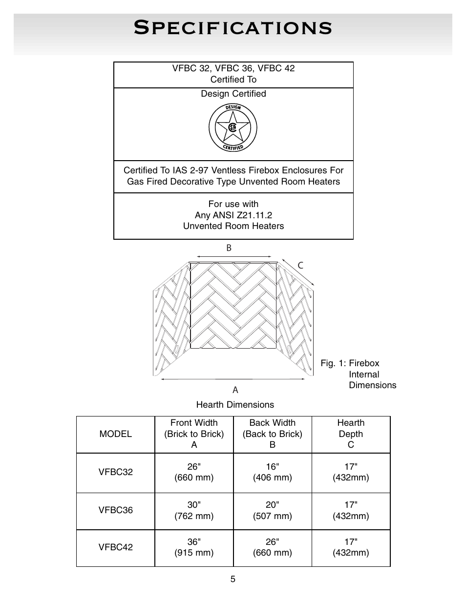 Specifications | Sure Heat VFBC Firebox User Manual | Page 5 / 16