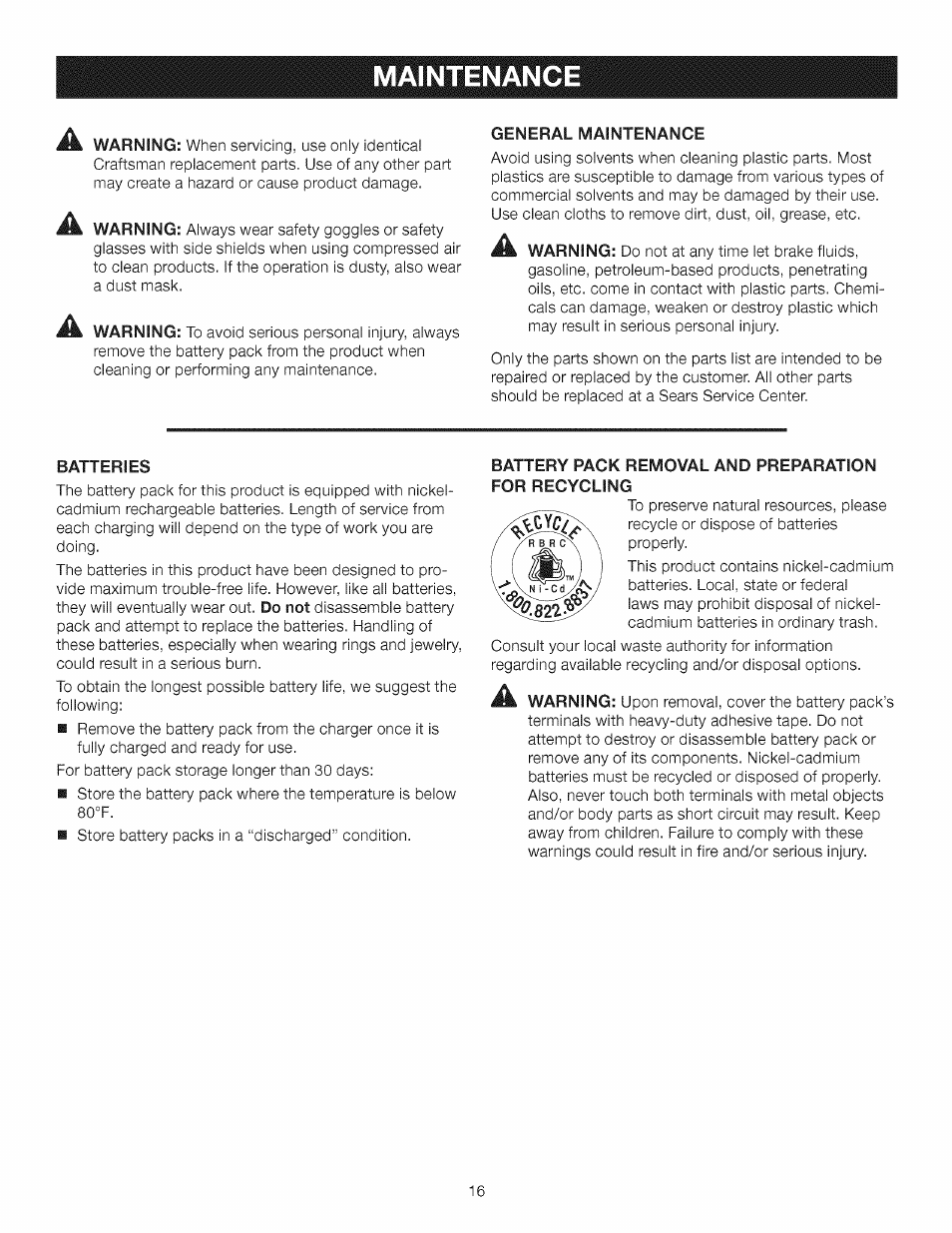 Maintenance | Craftsman 315.115510 User Manual | Page 16 / 18