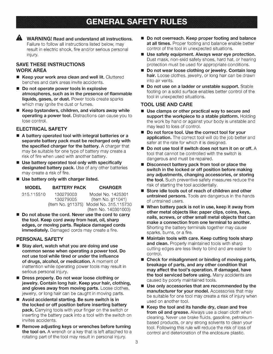 General safety rules | Craftsman 315.115510 User Manual | Page 3 / 18