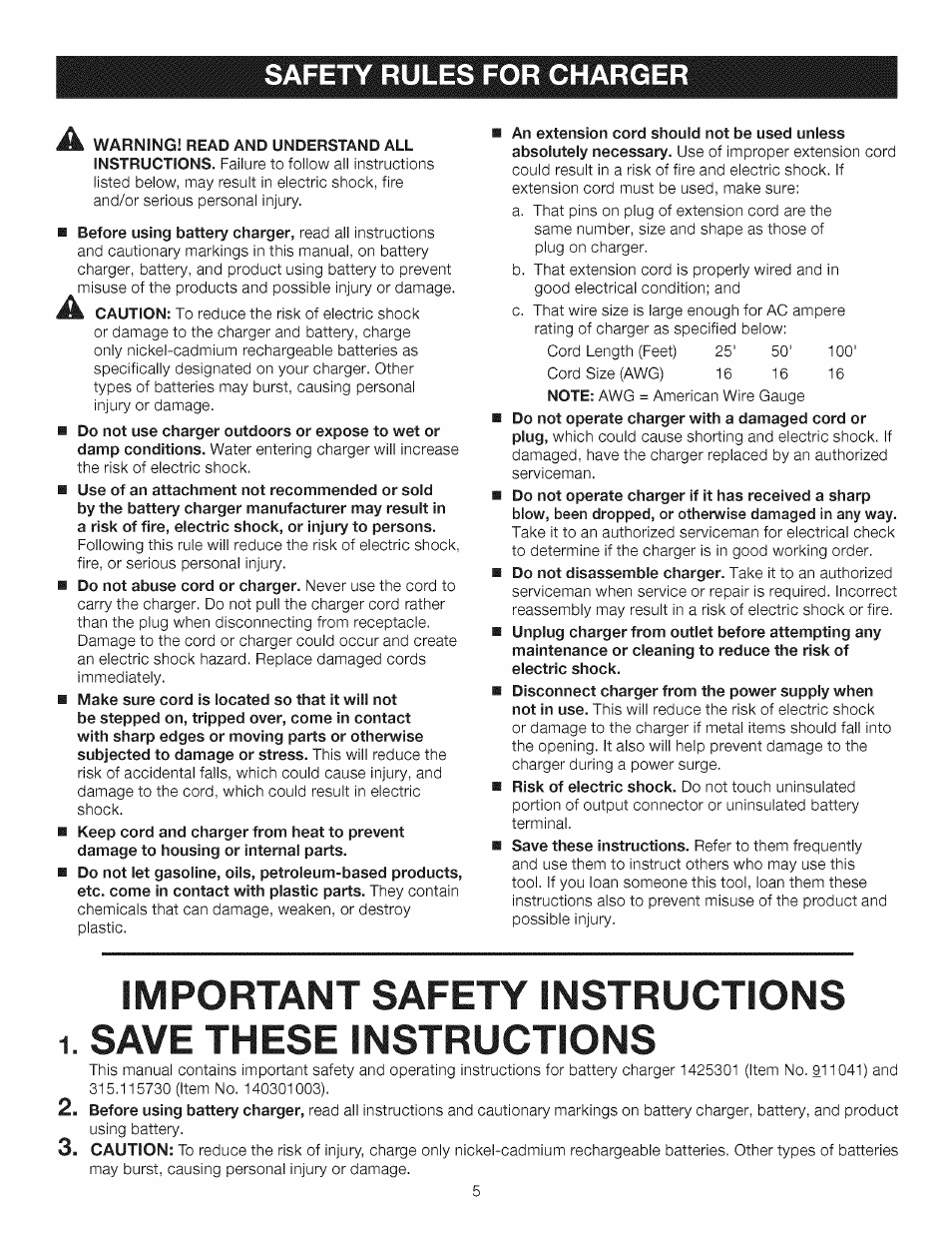 Important safety instructions, Save these instructions, Safety rules for charge | Craftsman 315.115510 User Manual | Page 5 / 18