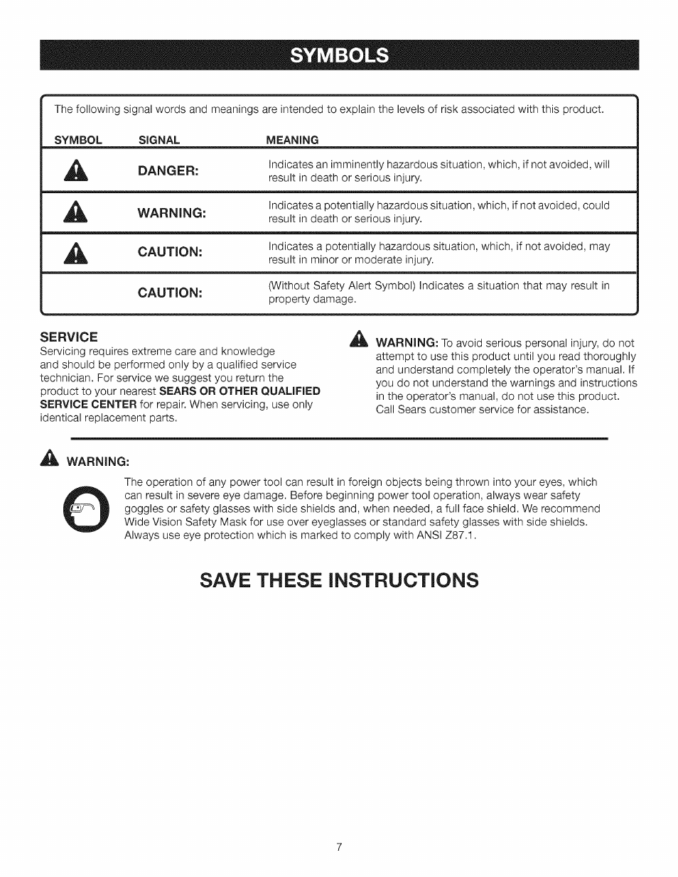 Symbols, Save these instructions | Craftsman 315.115510 User Manual | Page 7 / 18