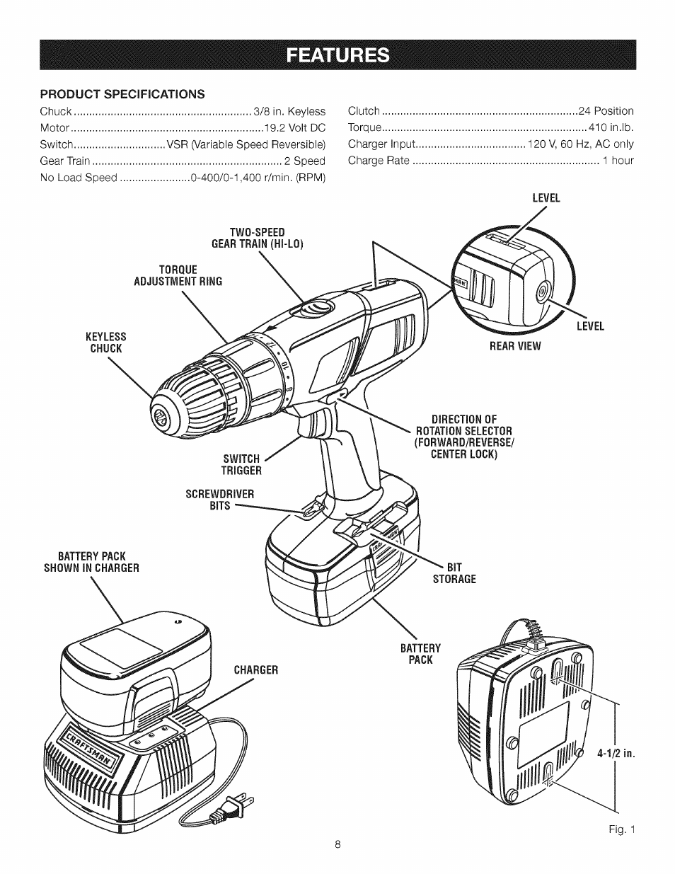 Features, Features -9 | Craftsman 315.115510 User Manual | Page 8 / 18