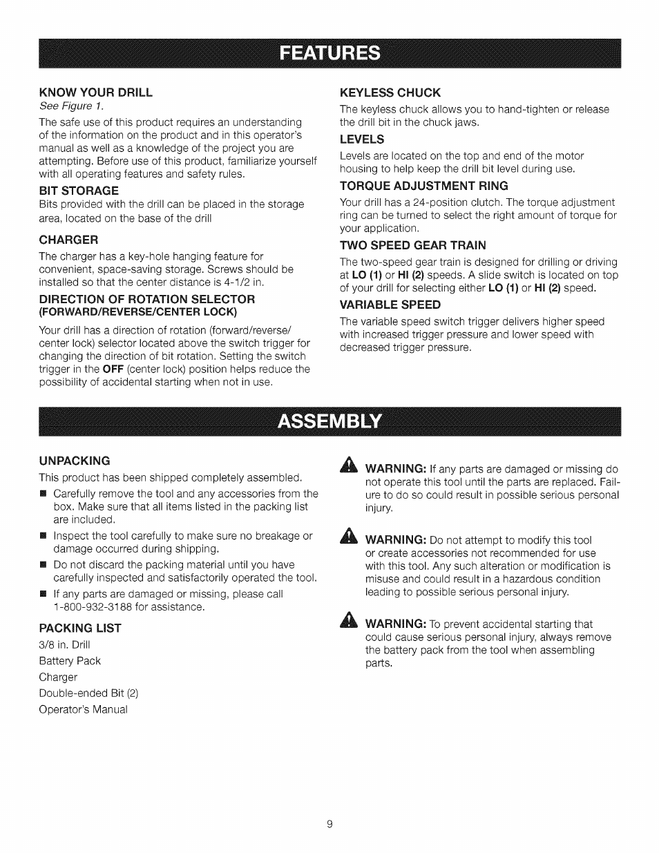 Features, Assembly | Craftsman 315.115510 User Manual | Page 9 / 18