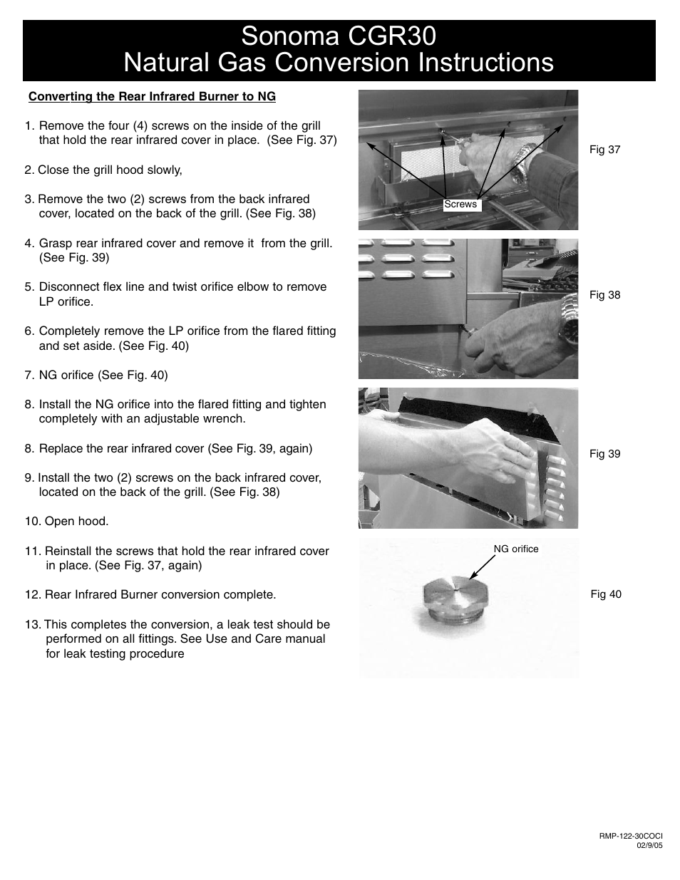 Sonoma cgr30 natural gas conversion instructions | Sure Heat Sonoma CGR30 Natural Gas Conversion Kit User Manual | Page 11 / 11