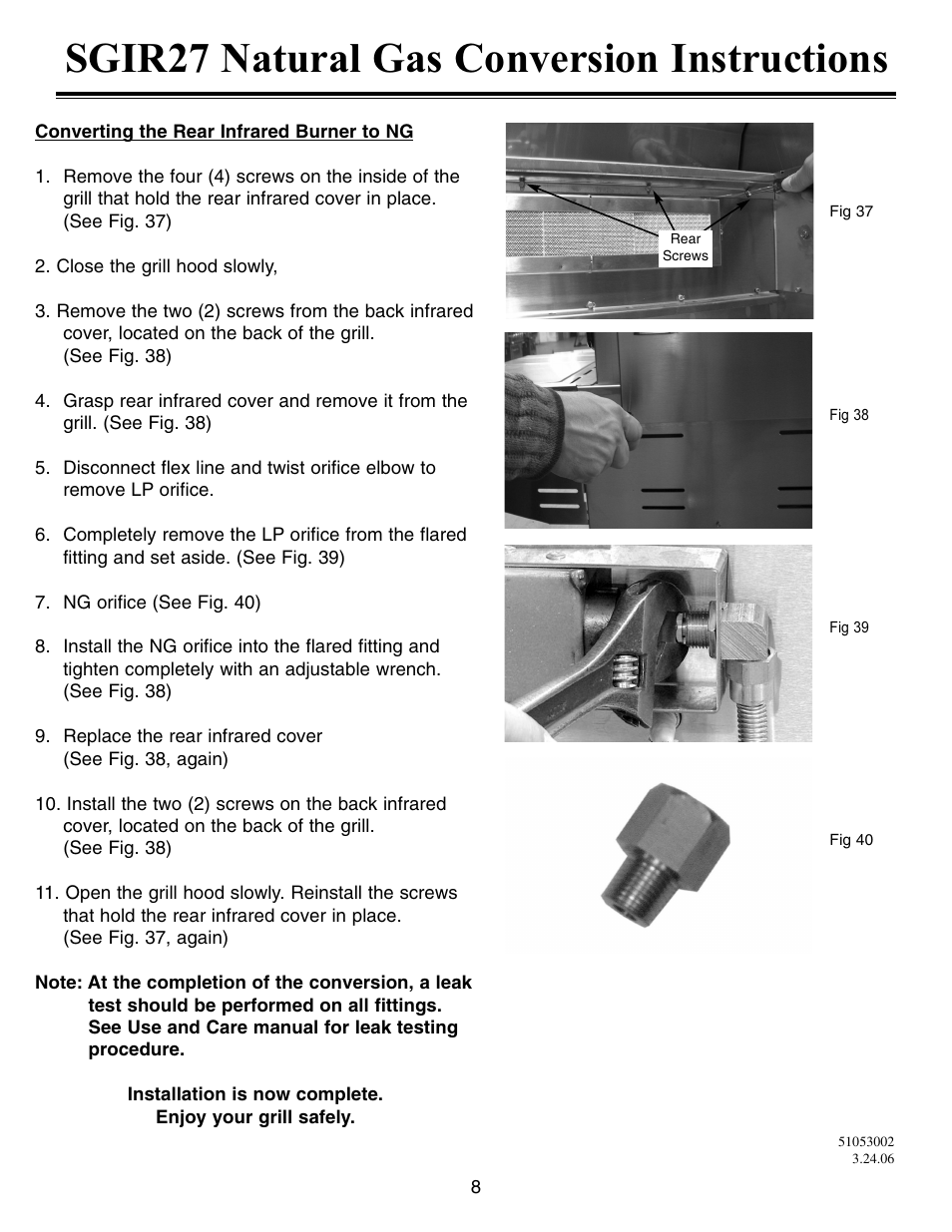 Sgir27 natural gas conversion instructions | Sure Heat Sonoma SGIR27 Natural Gas Conversion Kit User Manual | Page 8 / 8