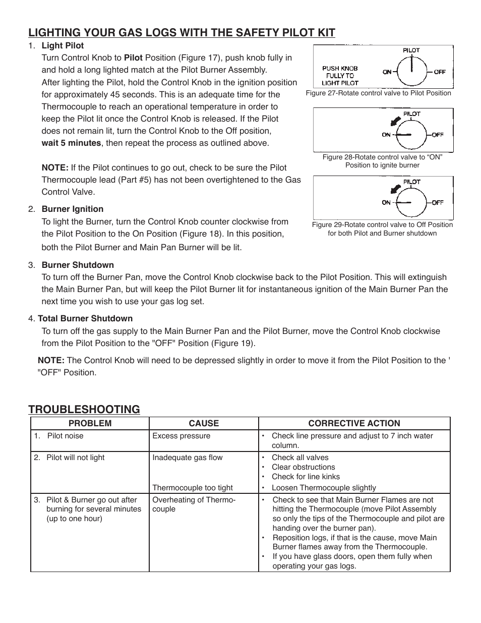 Lighting your gas logs with the safety pilot kit, Troubleshooting | Sure Heat CVS303 Natural Gas Conversion Kit User Manual | Page 7 / 8