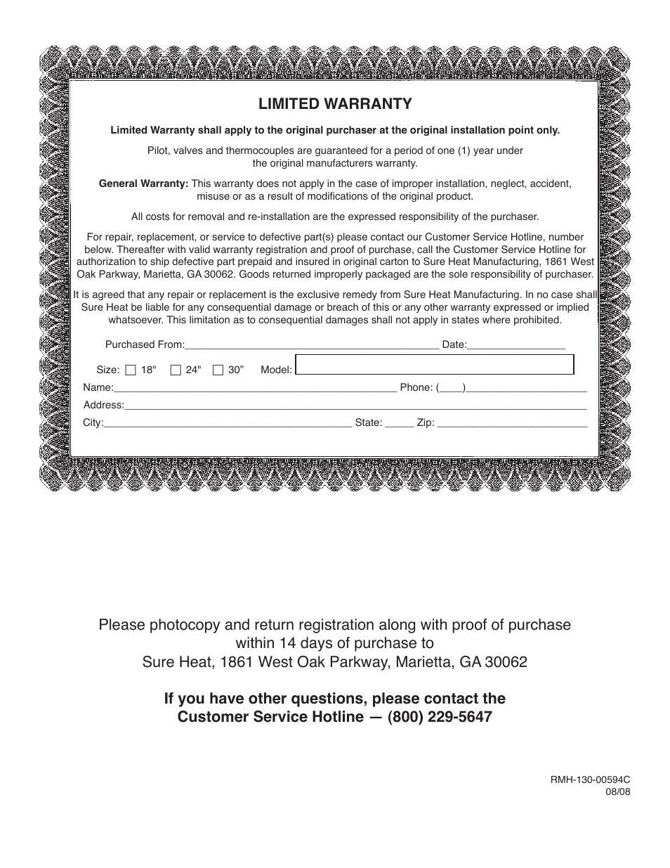 Limited warranty | Sure Heat CVS303 Natural Gas Conversion Kit User Manual | Page 8 / 8