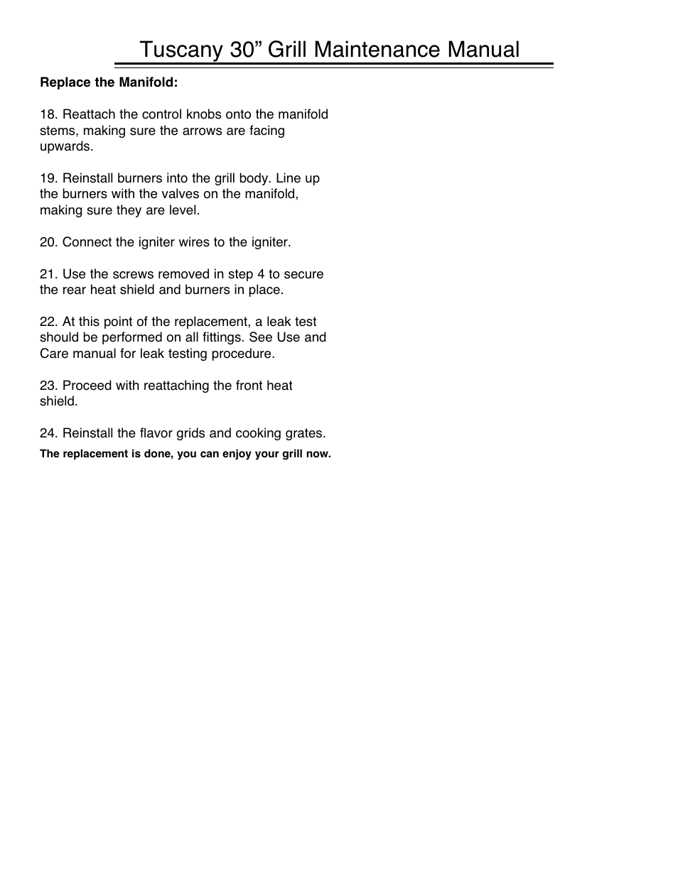Tuscany 30” grill maintenance manual | Sure Heat Manifold Replacement User Manual | Page 3 / 3