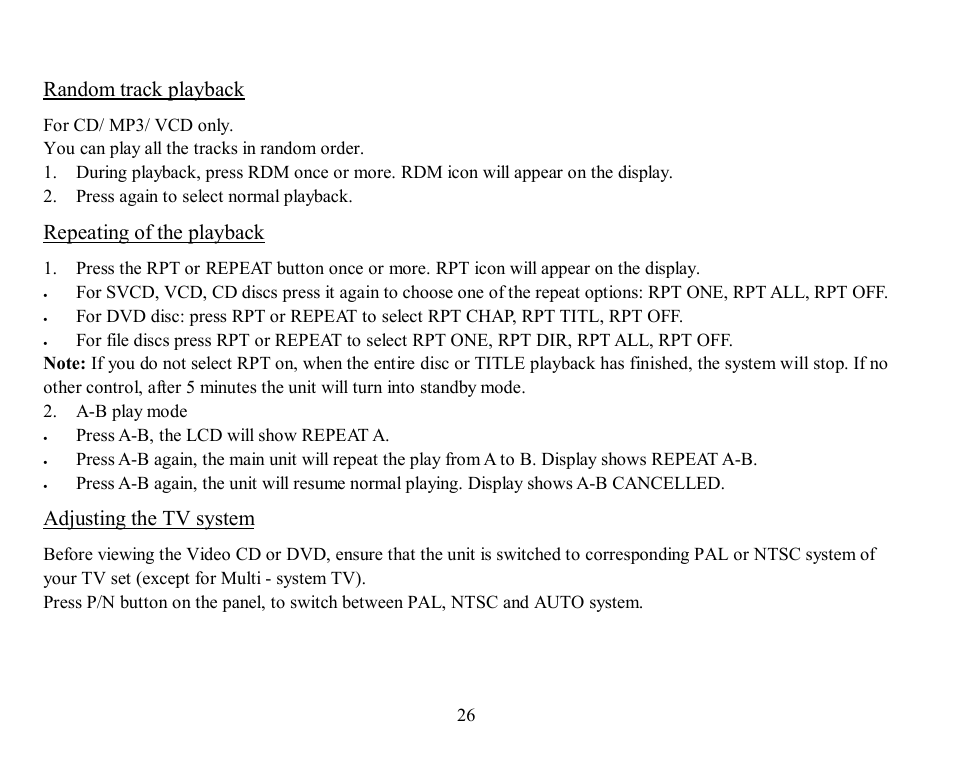 Random track playback, Repeating of the playback, Adjusting the tv system | Hyundai H-CMD7082 User Manual | Page 26 / 83