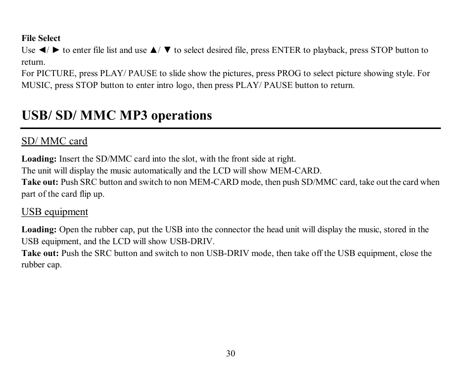 Usb/ sd/ mmc mp3 operations | Hyundai H-CMD7082 User Manual | Page 30 / 83