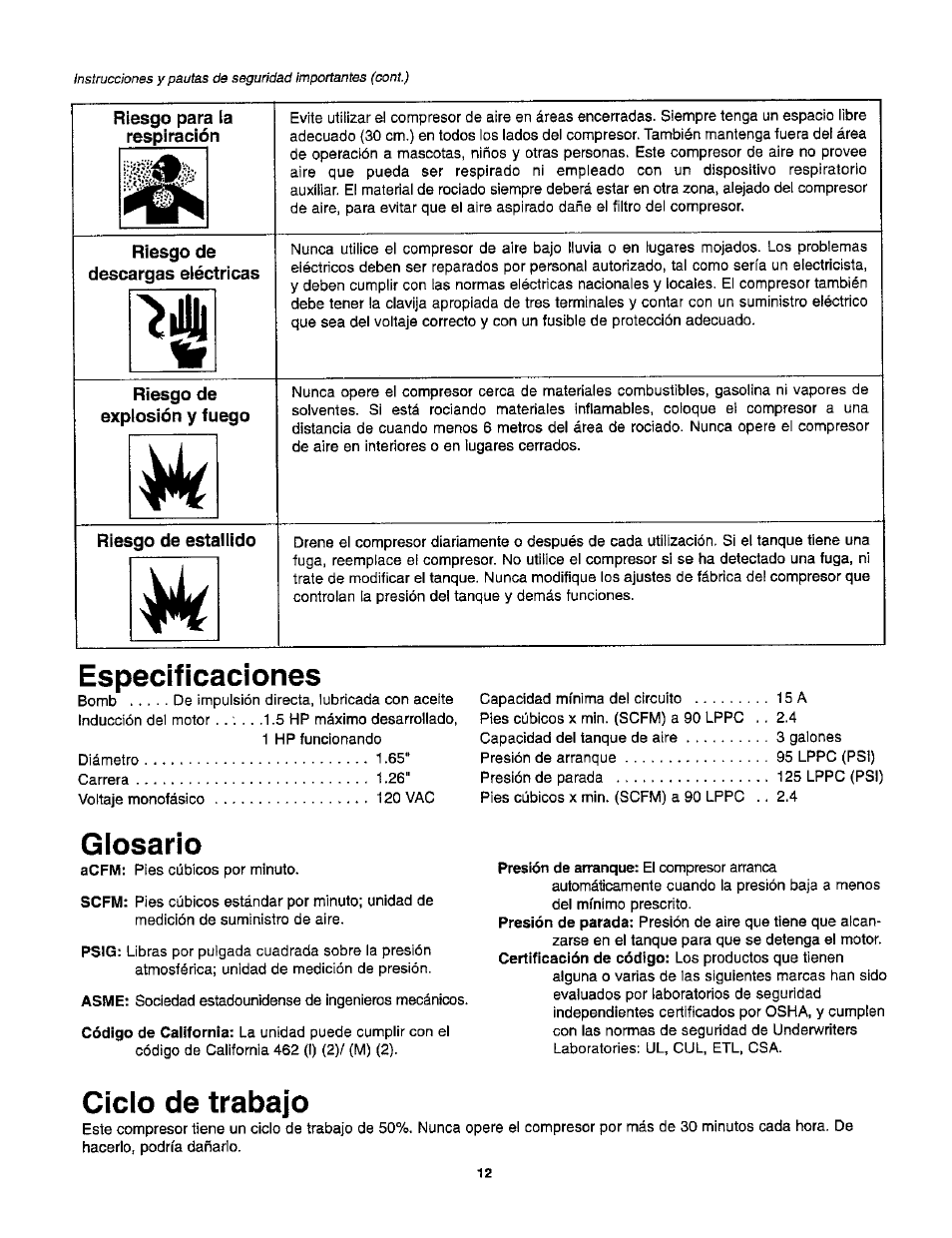 Riesgo para la respiración, Riesgo de, Descargas eléctricas | Riesgo de explosión y fuego, Riesgo de estallido, Especificaciones, Giosario, Glosario, Ciclo de trabajo | Craftsman 921.153100 User Manual | Page 14 / 20