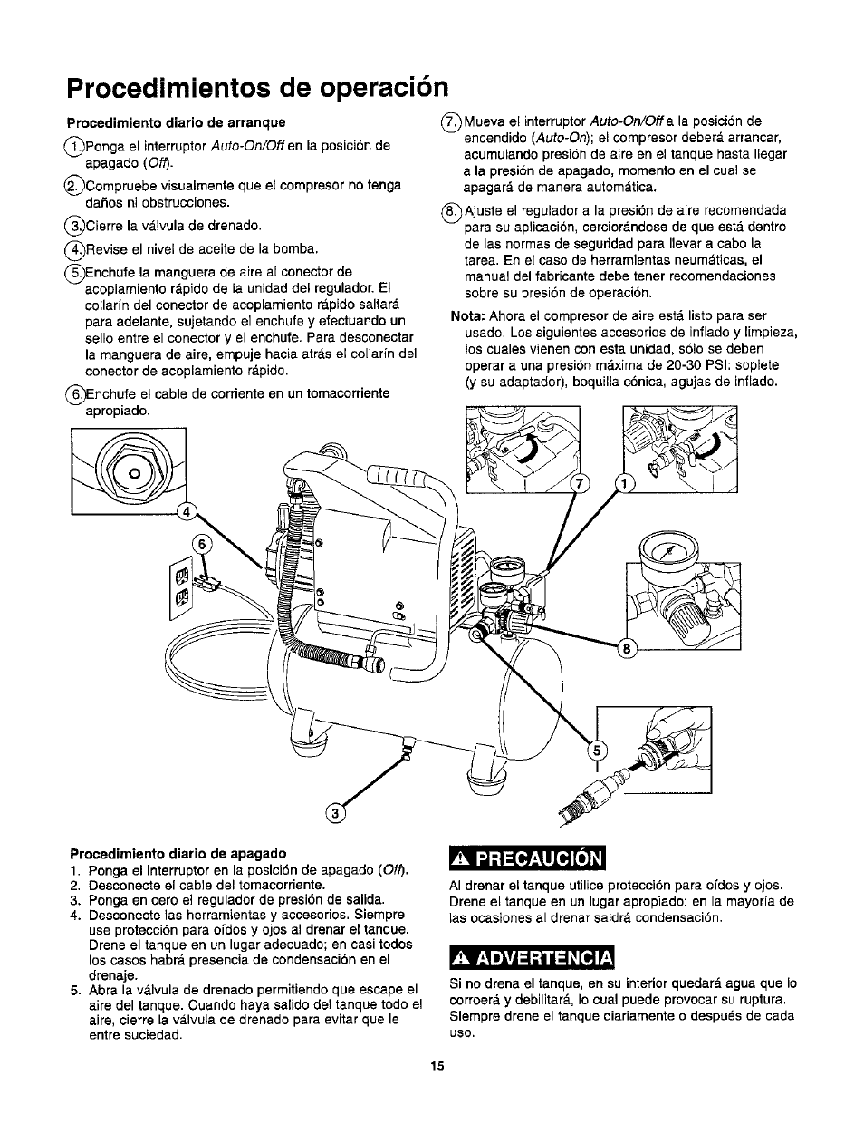 Procedimientos de operación, A advertencia | Craftsman 921.153100 User Manual | Page 17 / 20