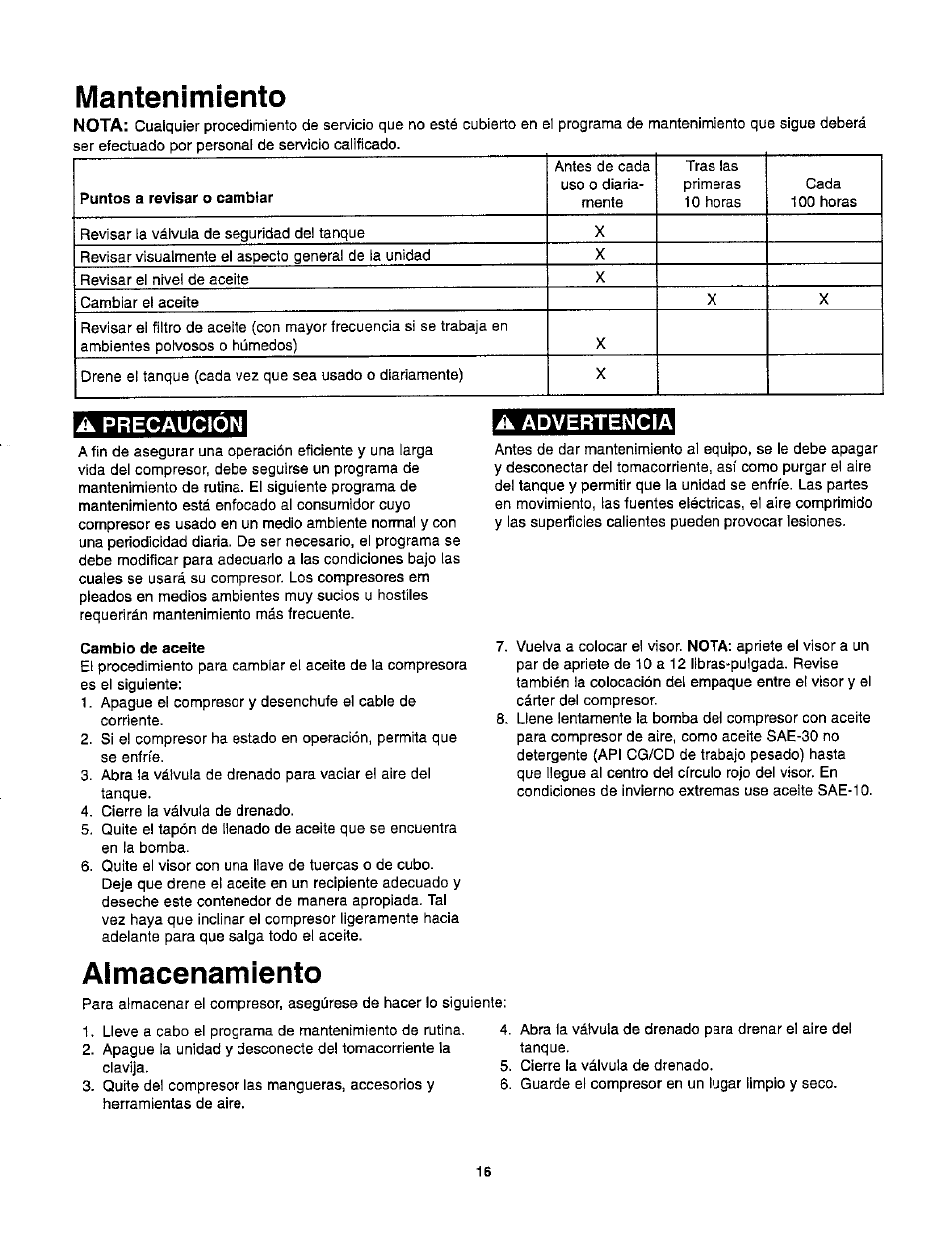 A advertencia, Almacenamiento, Mantenimiento | Craftsman 921.153100 User Manual | Page 18 / 20