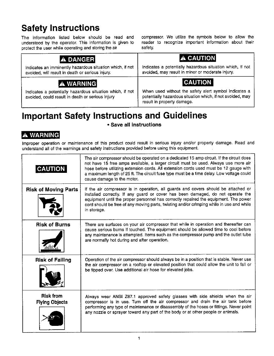 Safety instructions, A danger, A caution | A warning, Caution, Important safety instructions and guidelines, Save all instructions, Important safety instructions & guideiines | Craftsman 921.153100 User Manual | Page 3 / 20