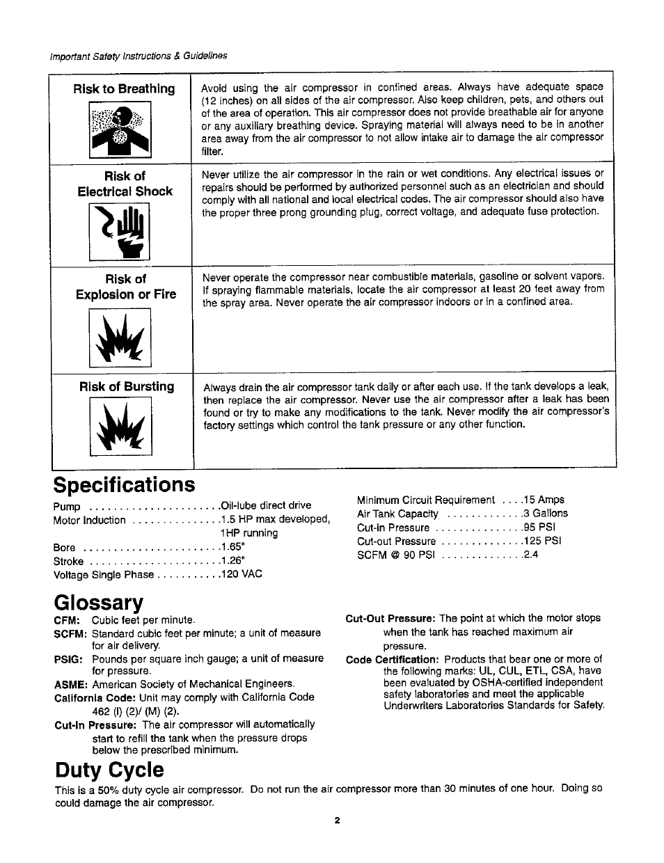 Risk to breathing, Risk of, Electrical shock | Explosion or fire, Risk of bursting, Specifications, Glossary, Duty cycle, Giossary, Duty cycie | Craftsman 921.153100 User Manual | Page 4 / 20