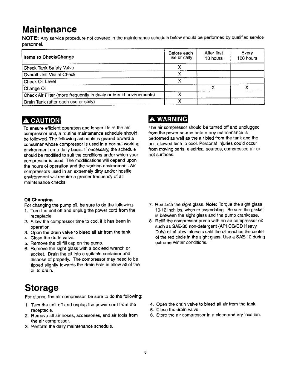 Storage, Maintenance, A caution | A warning | Craftsman 921.153100 User Manual | Page 8 / 20