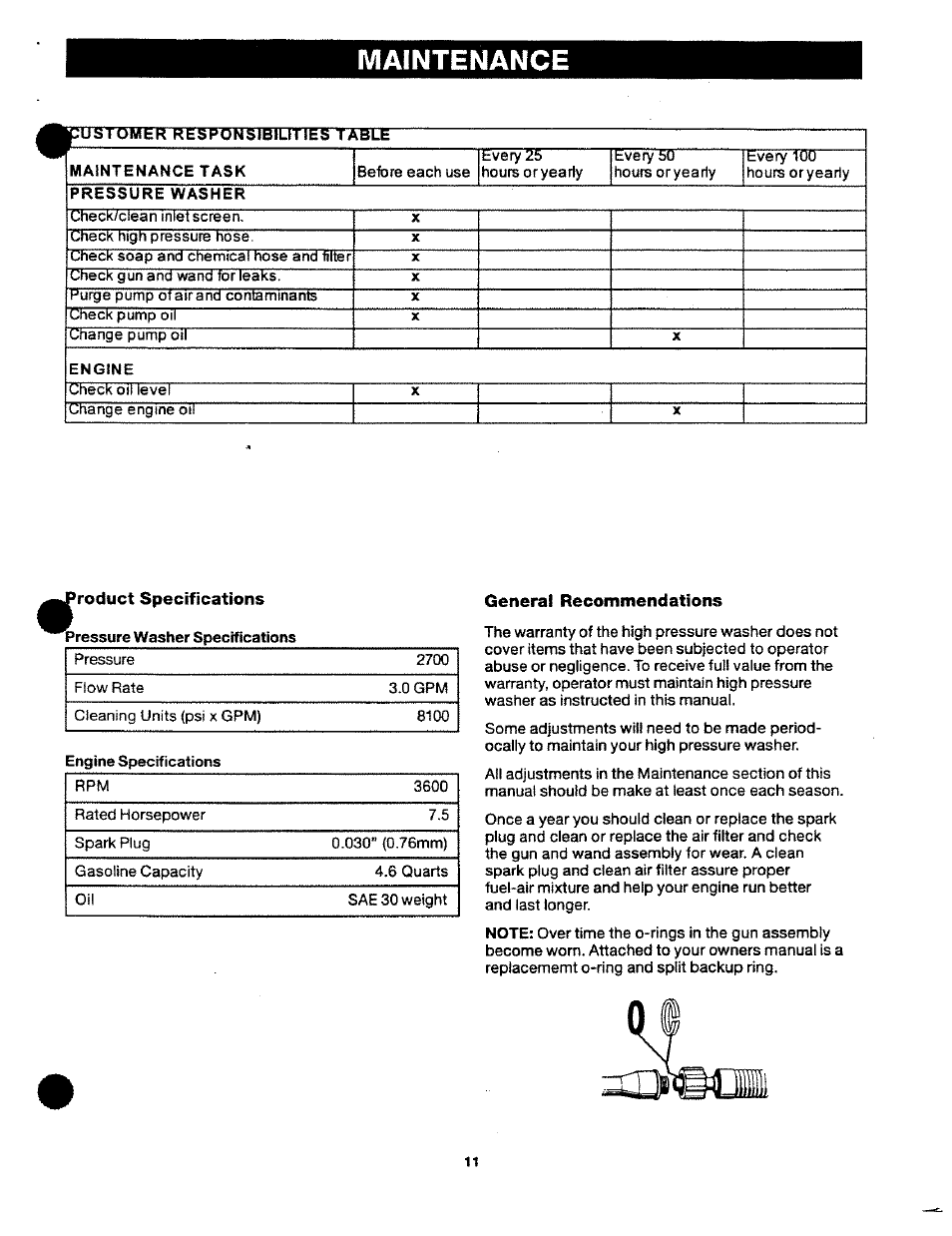 Maintenance, Ostomer responsibilities table, Roduct specifications | General recommendations, Maintenance m | Craftsman 919.762700 User Manual | Page 11 / 34