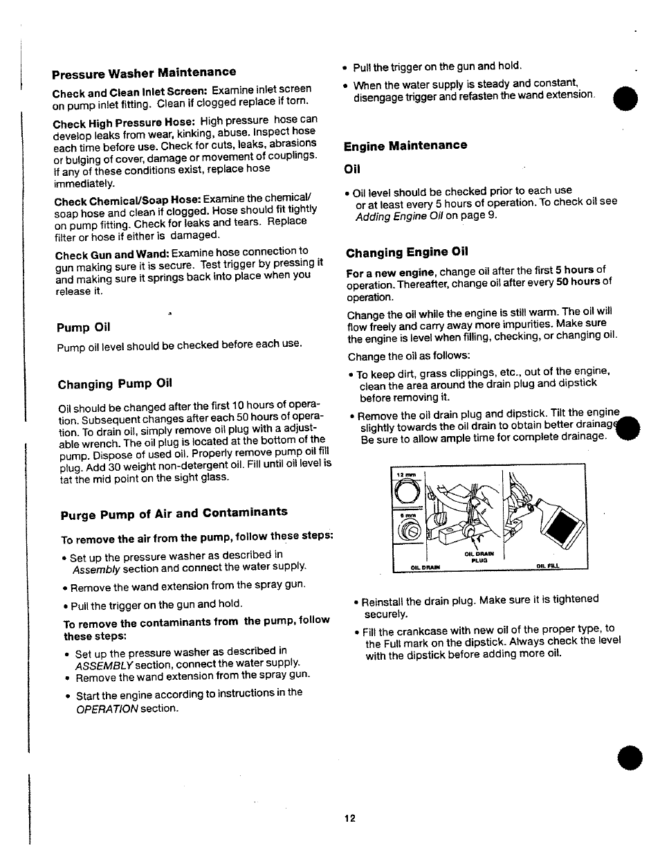 Pressure washer maintenance, Pump oil, Changing pump oh | Purge pump of air and contaminants, Engine maintenance oil, Changing engine off | Craftsman 919.762700 User Manual | Page 12 / 34