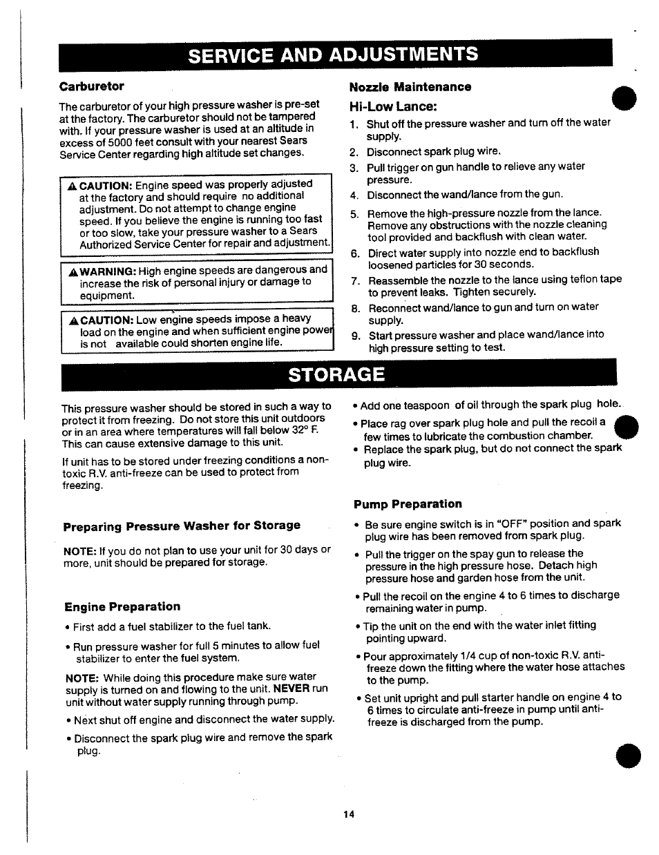 Service and adjustments, Carburetor, Nozzle maintenance | Hi-low lance, Storage, Preparing pressure washer for storage, Engine preparation, Pump preparation | Craftsman 919.762700 User Manual | Page 14 / 34