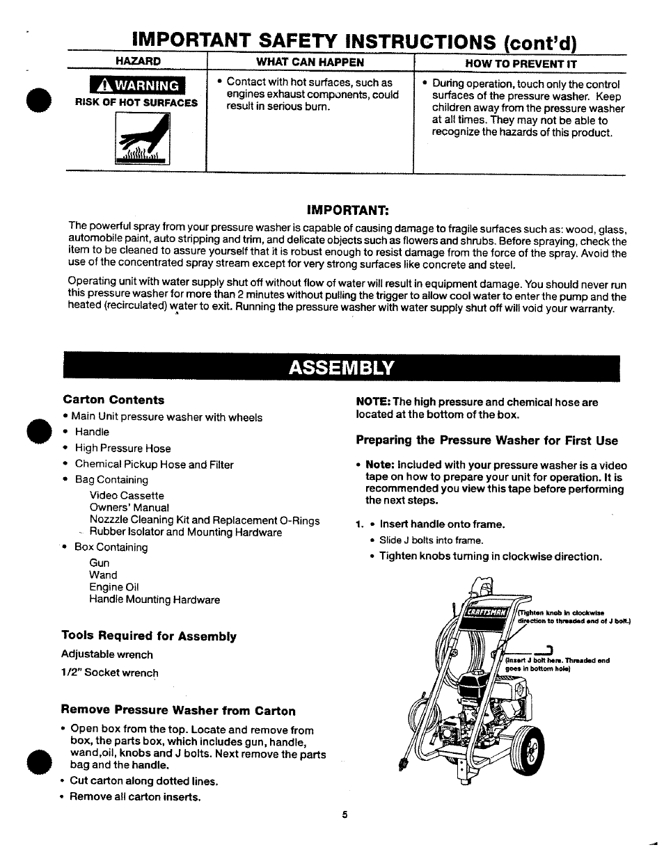 Important safety instructions (cont’d), Assembly, Carton contents | Tools required for assembly, Remove pressure washer from carton, Preparing the pressure washer for first use, Important | Craftsman 919.762700 User Manual | Page 5 / 34