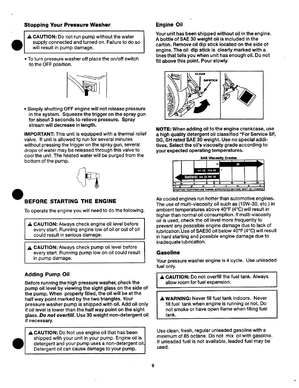 Stopping your pressure washer, Before starting the engine, Adding pump oil | Engine oil, Gasoline | Craftsman 919.762700 User Manual | Page 9 / 34