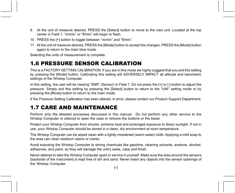 6 pressure sensor calibration, 7 care and maintenance | SUUNTO X-Lander User Manual | Page 11 / 380