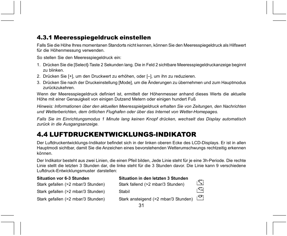 4 luftdruckentwicklungs-indikator, 1 meeresspiegeldruck einstellen | SUUNTO X-Lander User Manual | Page 125 / 380