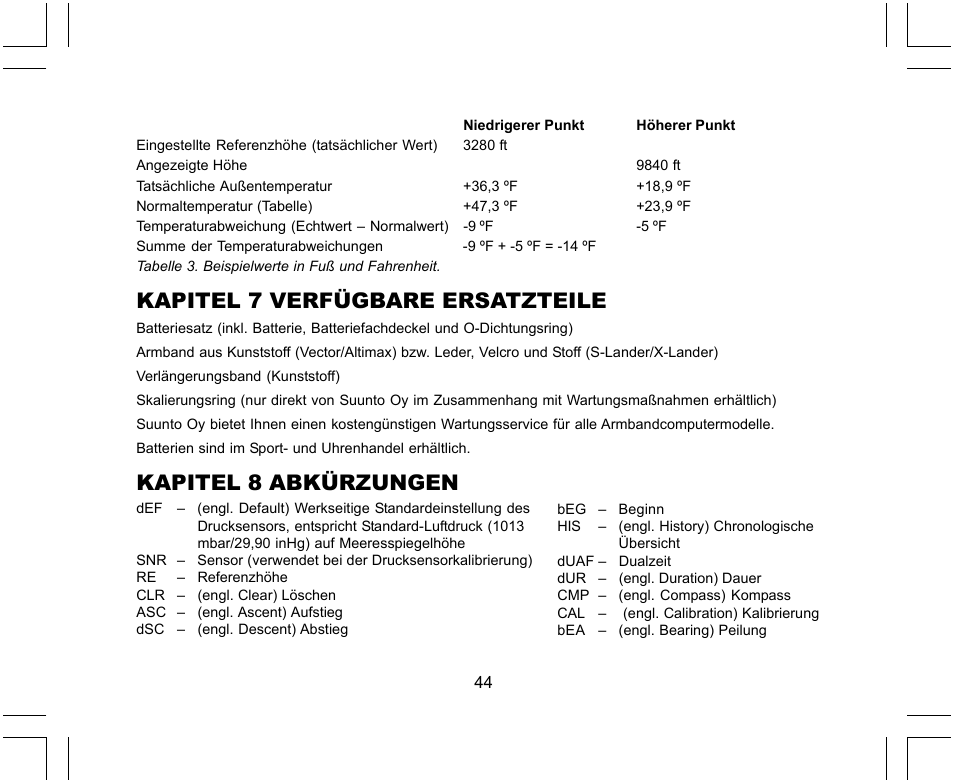 Kapitel 7 verfügbare ersatzteile, Kapitel 8 abkürzungen | SUUNTO X-Lander User Manual | Page 138 / 380