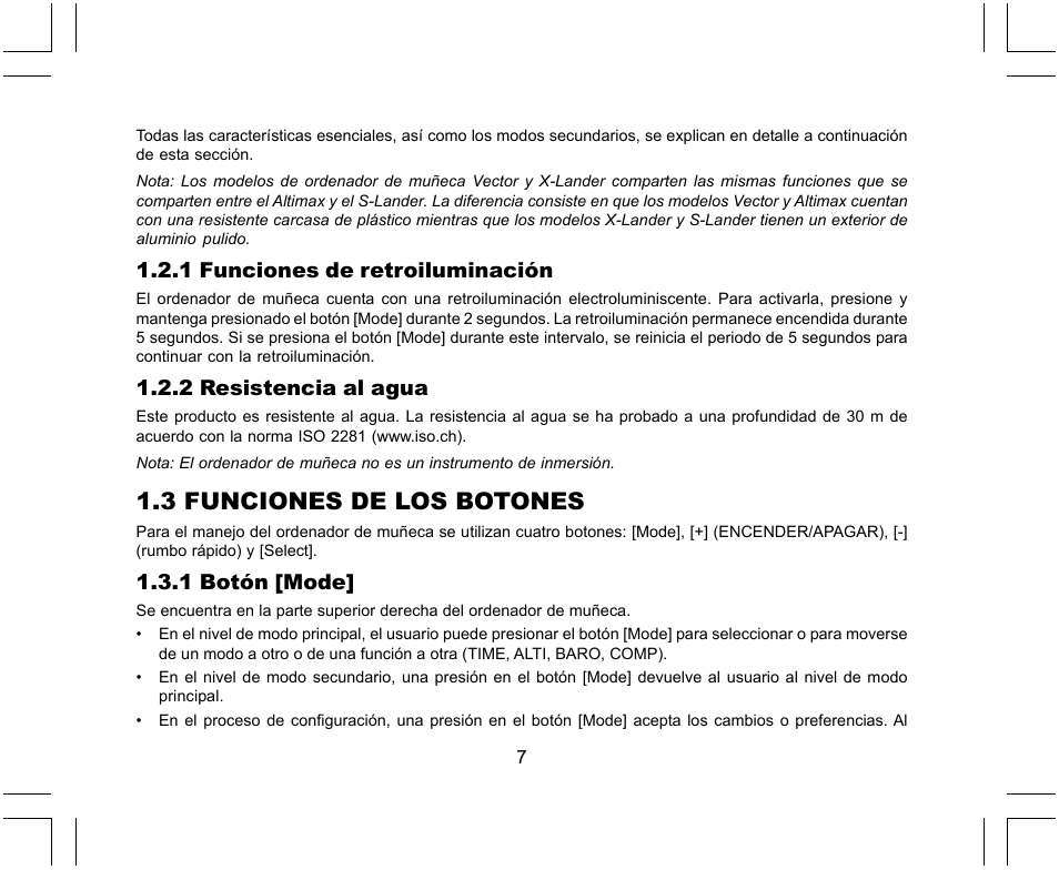 3 funciones de los botones, 1 funciones de retroiluminación, 2 resistencia al agua | 1 botón [mode | SUUNTO X-Lander User Manual | Page 147 / 380