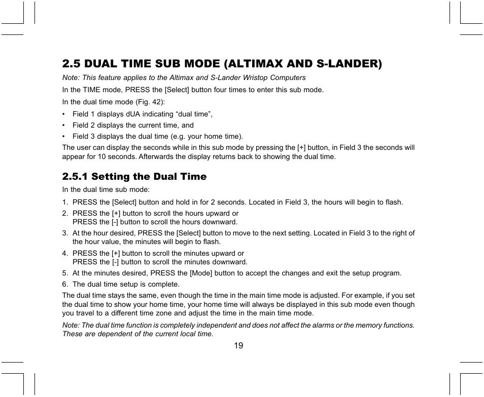 5 dual time sub mode (altimax and s-lander), 1 setting the dual time | SUUNTO X-Lander User Manual | Page 19 / 380