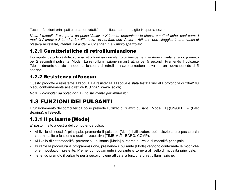 3 funzioni dei pulsanti, 1 caratteristiche di retroilluminazione, 2 resistenza all’acqua | 1 il pulsante [mode | SUUNTO X-Lander User Manual | Page 195 / 380