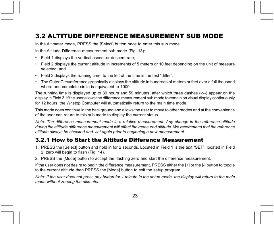 2 altitude difference measurement sub mode, 1 how to start the altitude difference measurement | SUUNTO X-Lander User Manual | Page 23 / 380