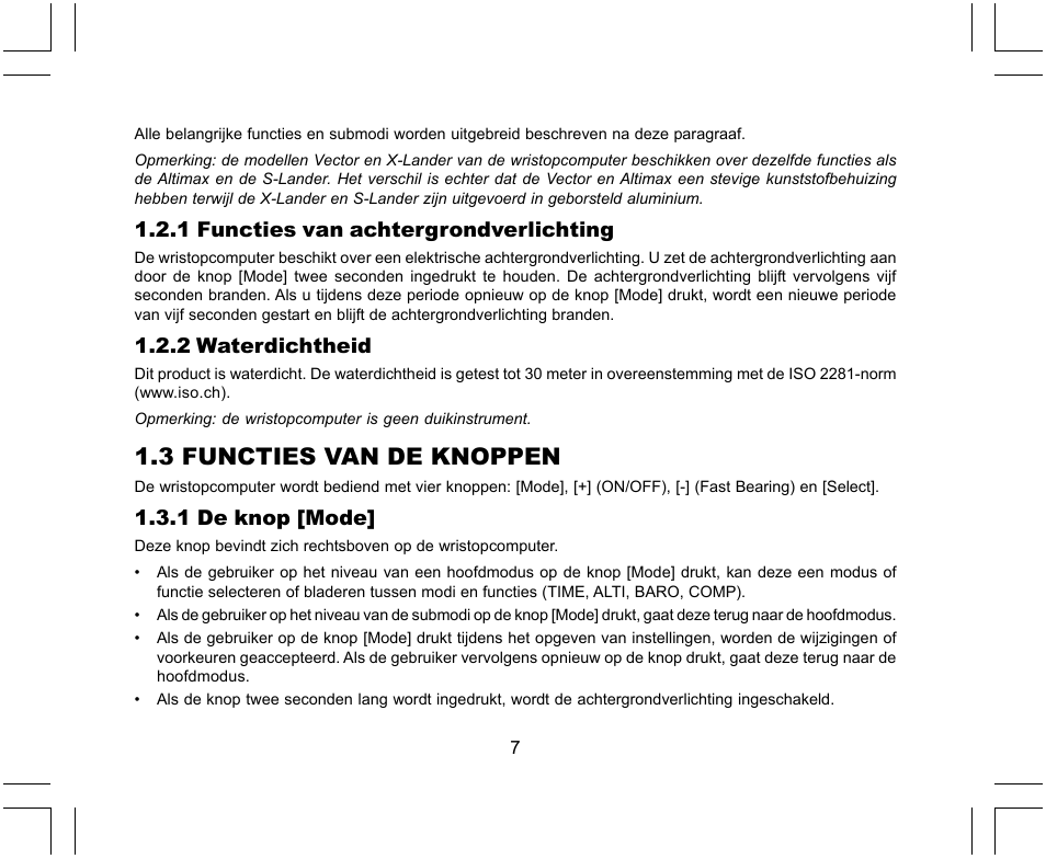 3 functies van de knoppen, 1 functies van achtergrondverlichting, 2 waterdichtheid | 1 de knop [mode | SUUNTO X-Lander User Manual | Page 243 / 380