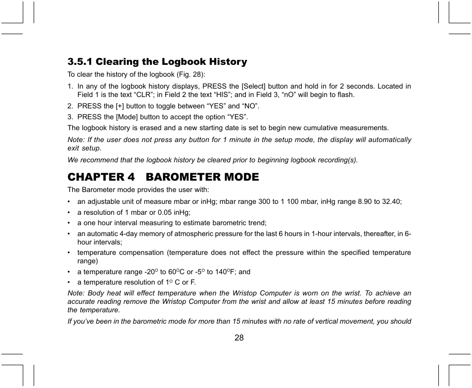 Chapter 4 barometer mode, 1 clearing the logbook history | SUUNTO X-Lander User Manual | Page 28 / 380