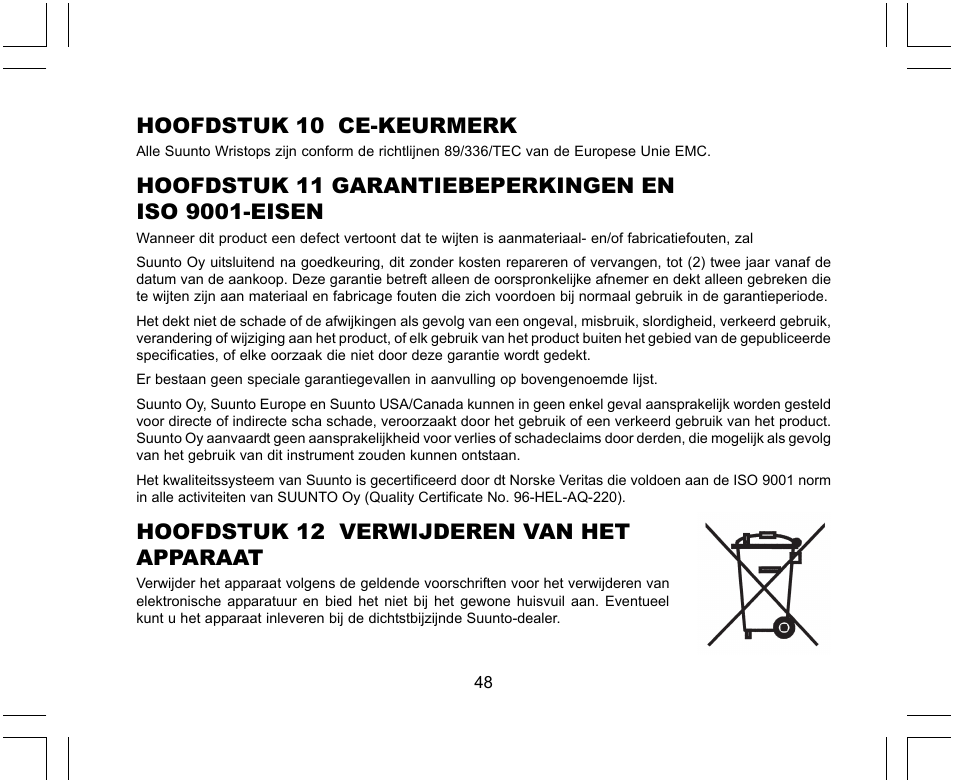 Hoofdstuk 10 ce-keurmerk, Hoofdstuk 12 verwijderen van het apparaat | SUUNTO X-Lander User Manual | Page 284 / 380