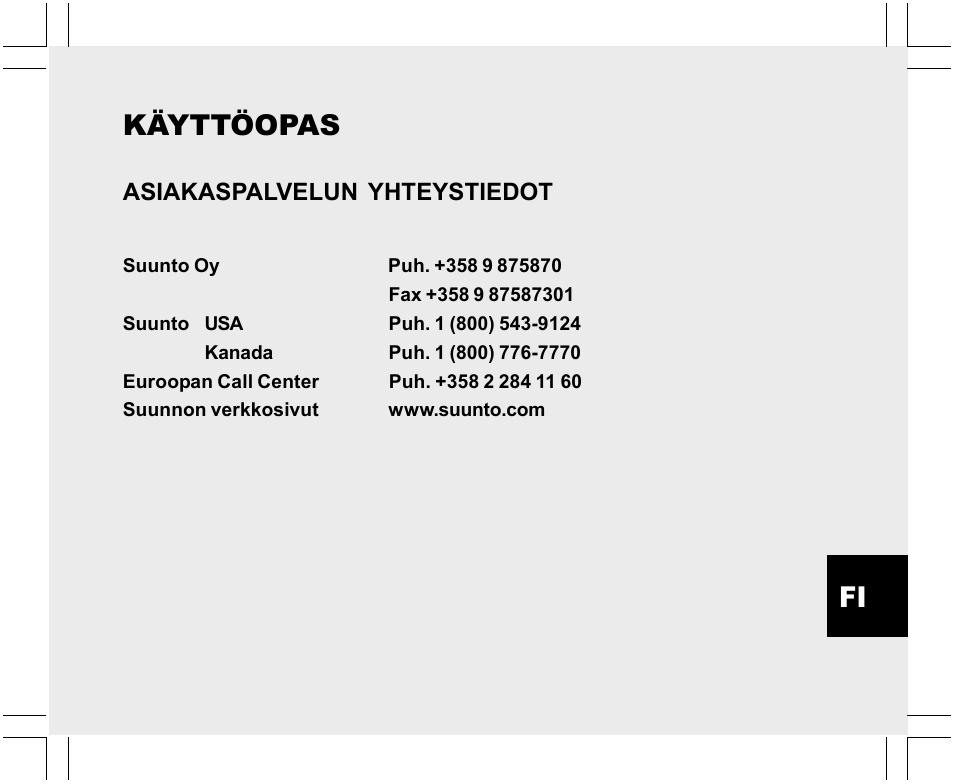 Käyttöopas, Asiakaspalvelun yhteystiedot | SUUNTO X-Lander User Manual | Page 285 / 380