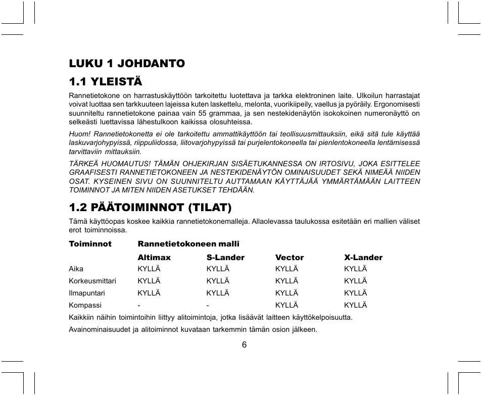 Luku 1 johdanto 1.1 yleistä, 2 päätoiminnot (tilat) | SUUNTO X-Lander User Manual | Page 290 / 380