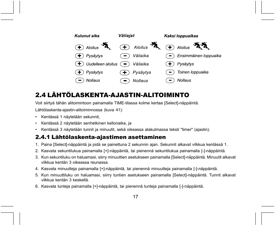 4 lähtölaskenta-ajastin-alitoiminto, 1 lähtölaskenta-ajastimen asettaminen | SUUNTO X-Lander User Manual | Page 301 / 380