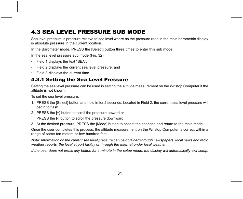 3 sea level pressure sub mode, 1 setting the sea level pressure | SUUNTO X-Lander User Manual | Page 31 / 380